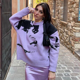 Tossy Women's Autumn Knitted Long Sleeve Printed Sweaters Purple  O-Neck Oversized  Casual Pullover 2023 Fashion Streetwear