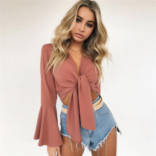 Billlnai Summer Womens Shirts Fashion Butterfly Sleeve Lace Up Bandage Sexy Short Shirts Ladies Casual Banded Solid Color Tops