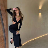 Billlani 2023 Autumn Long Sleeve Halter Sexy Cut Out Black Maxi Dresses Slim Fashion Outfits Split Long Dresses Skinny Clothes
