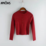 Aproms Strentch Knitted Short Pullovers Sweater Winter Long Sleeve Slim Crop Top Streetwear Buttons Warm Knitwear Jumper 2023