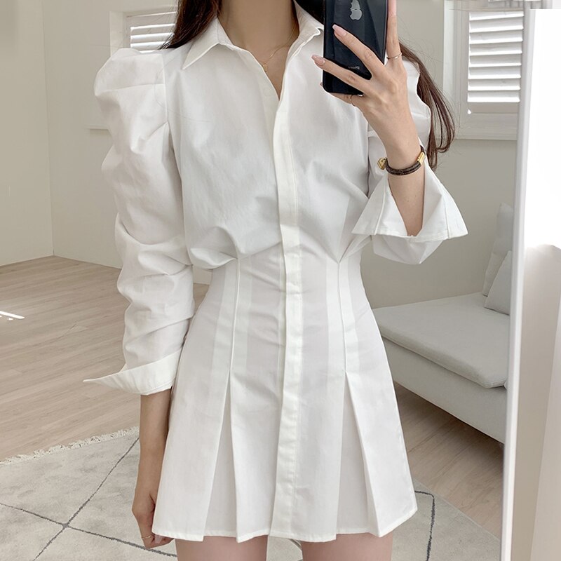 Billlnai French Elegant Shirt Dress Women Korean Chic Lapel Single-Breasted Dress New Long Sleeved Pleated Mini Dresses Female