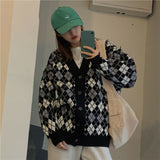 Billlnai  2023  Knitted Cardigans Ladies Long Sleeve Argyle Korean Sweaters Female  V-neck Rhombus Plaid Cardigan Jacket Fashion Women Sweater