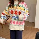 Korobov Korean Turtleneck Long Sleeve Oversize Sweaters Pullovers Japanese Style Chic Flower Knit Sweater Vintage Jumpers Femme