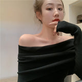 Korobov 2020 New Chic Korean Elegant Solid Sweaters Vintage Sexy Slash Neck Long Sleeve Sueter Mujer Autumn Streetwear Jumper