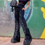 WeiYao Eyelet Buckle Black Punk Goth Jean Fashion Woman Techwear Dark Academic Print E Girl Cargo Pants Low Waist Denim Trousers