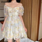 French Style Sweet Fairy Dress Women Elegant Sexy Floral Puff Sleeve Lace Chiffon Mini Dress Girly Summer Vintage Party Dresses