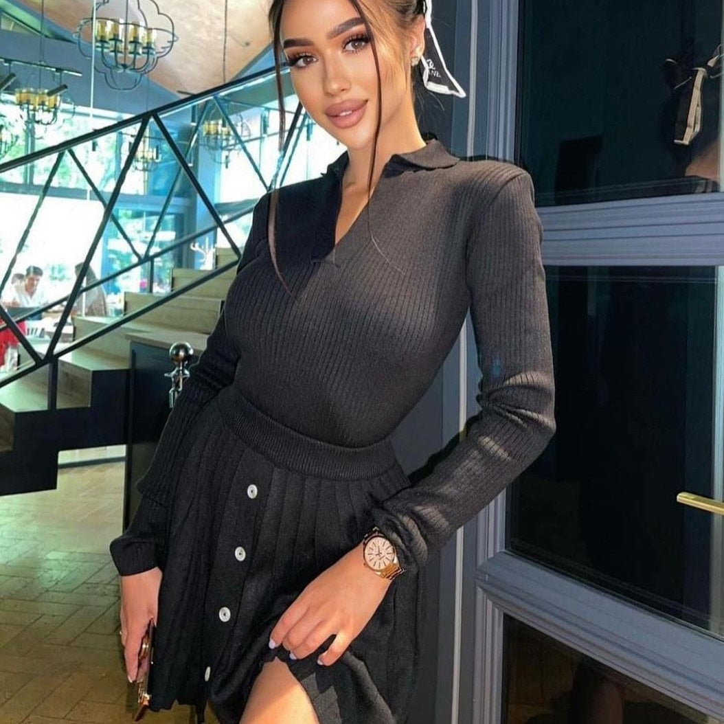 Tossy Knitted Pleated Skirt Set Women Sexy Long Sleeve Slim Tops And High Waisted Mini Skirt Dress Two Piece Set Y2K 2023 Chic