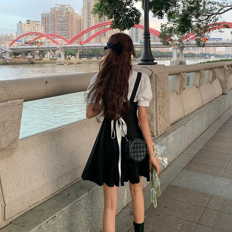Billlnai  2023  Vintage One Piece Dress Korean Short Sleeve Elegant Y2k Mini Dresses Women Casual Gothic Black Dress Summer