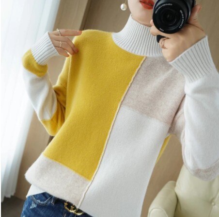 Billlani New Cashmere Sweater Women's High-Neck Color Matching 100% Pure Wool Pullover Fashion Plus Size Warm Knitted Bottoming Shir