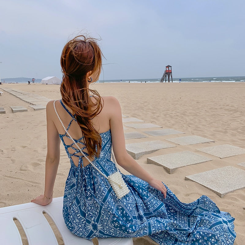 Billlnai  2023 Women Long  Backless Slip Dress Sundress Summer  Runway Ethnic Boho Vintage Korean Fairy Casual Beach Vacation Party Dresses