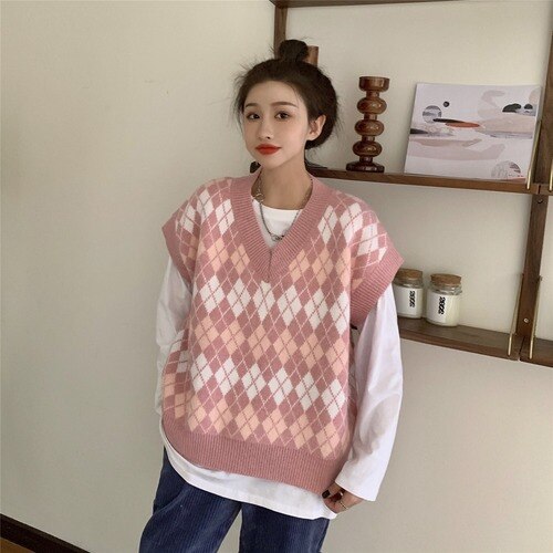 Billlnai  2023  Knitted Cardigans Ladies Long Sleeve Argyle Korean Sweaters Female  V-neck Rhombus Plaid Cardigan Jacket Fashion Women Sweater