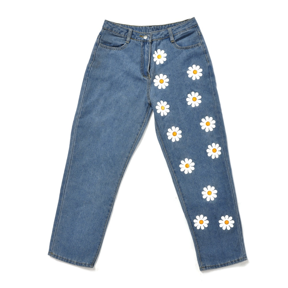 Fashion Chic Woman jeans high waisted 2020 Straight cute female denim long pants trousers vintage daisies printed women jeans