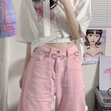 Women Wide Leg Jeans Denim Pink Loose High Waist Heart Chain All-match Fashion Kawaii Summer Thin Casual Cute Leisure Breathable