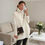 Za 2023 Women Fashion With Ribbed Trim Cable-knit Long Sweater Vest Vintage High Neck White Oversize Female Waistcoat Tops