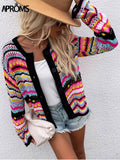 Aproms Elegant Rainbow Colored Long Sleeve Knit Cardigan Women Autumn Hollow Out Oversized Sweater Female Fashion Outerwear 2023