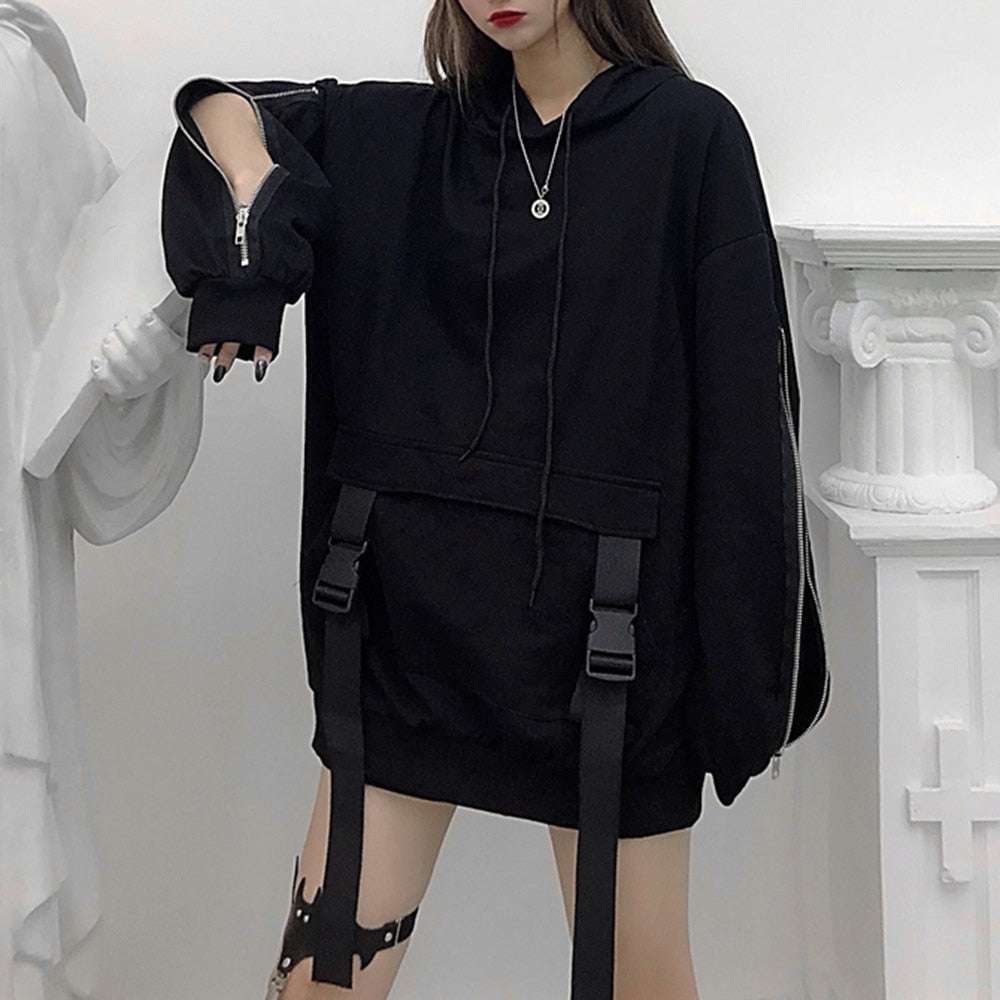 Rosetic Zipper Deign Gothic Women Hoodie 2020 Hooded Plus Size Loose Sweatshirt Pullover Streetwear Black Hoodies Drawstring