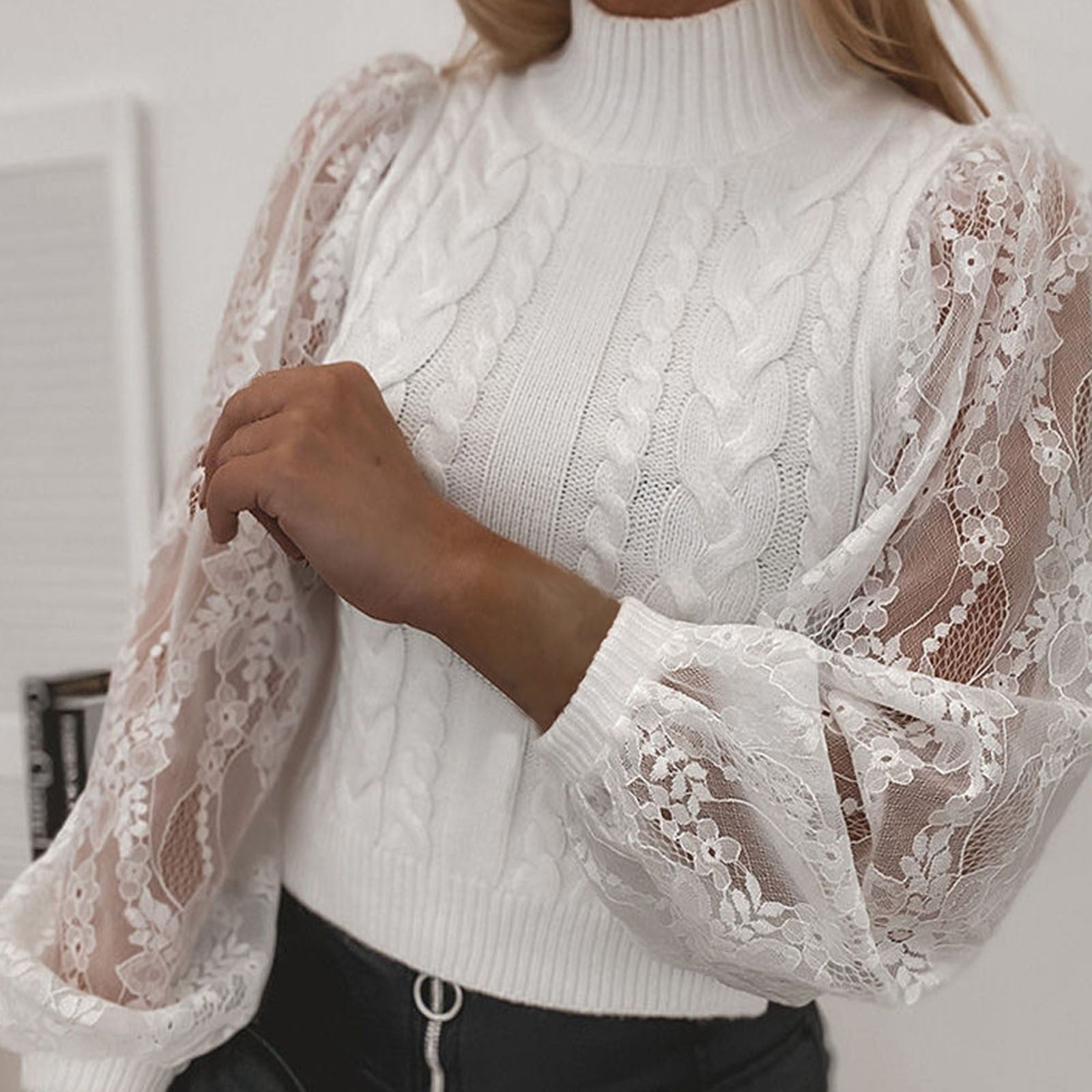 Billlnai White Lace Knitted Sweaters Women's Turtleneck Hollow Out Lantern Sleeve Sweater Ladies Elegant Party Tops Camisa De