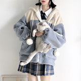 QWEEK Japanese Kawaii Oversized Zip Up Hoodie Women Soft Girl Hooded Sweatshirt Lamb Wool Coat Pocket Hoodies Alt Cute Clothes