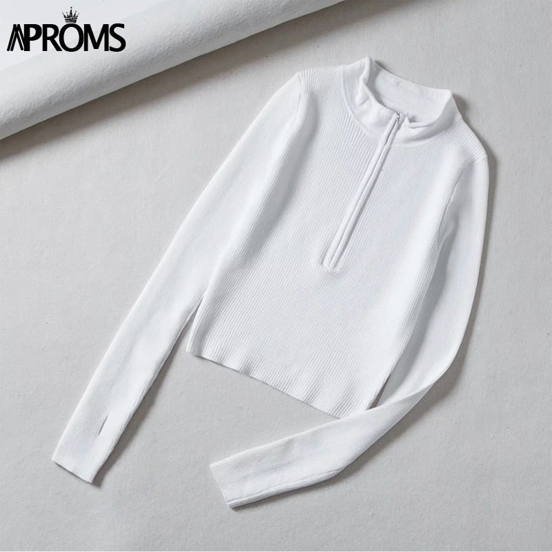 Aproms Elegant High Neck Zipper Front Knitted Sweater Women Solid Basic Cropped Pullover Winter Spring Fashion Clothing Top 2023