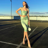 Sexy Backless Lace Up Two Piece Set Women Green Sleeveless Satin Two Piece Set Women Spring Streetwear Slim Ruched Sets