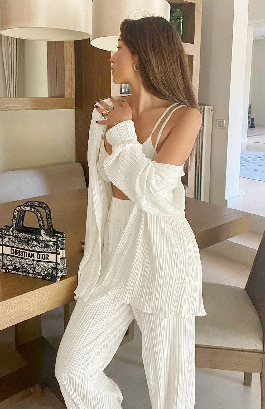 Pleated Casual Shirt Suit Women Long Sleeve Turndown Collar Single Breasted Blouses Solid Loose High Wasit Pant 2 Piece Set New