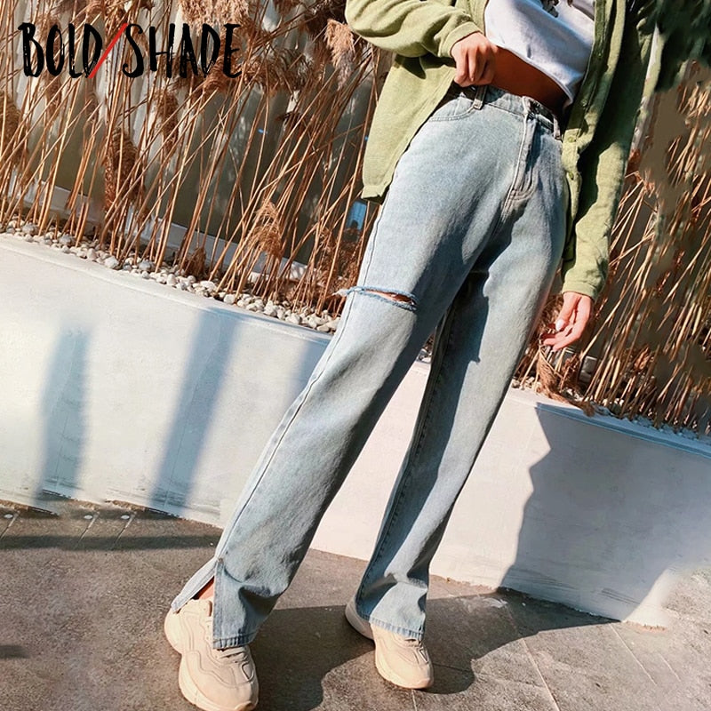 Bold Shade 90s Fashion Grunge Vintage Denim Pants Split Ripped High Waist Baggy Jeans Skater Girl Style Fall Women 2020 Trousers