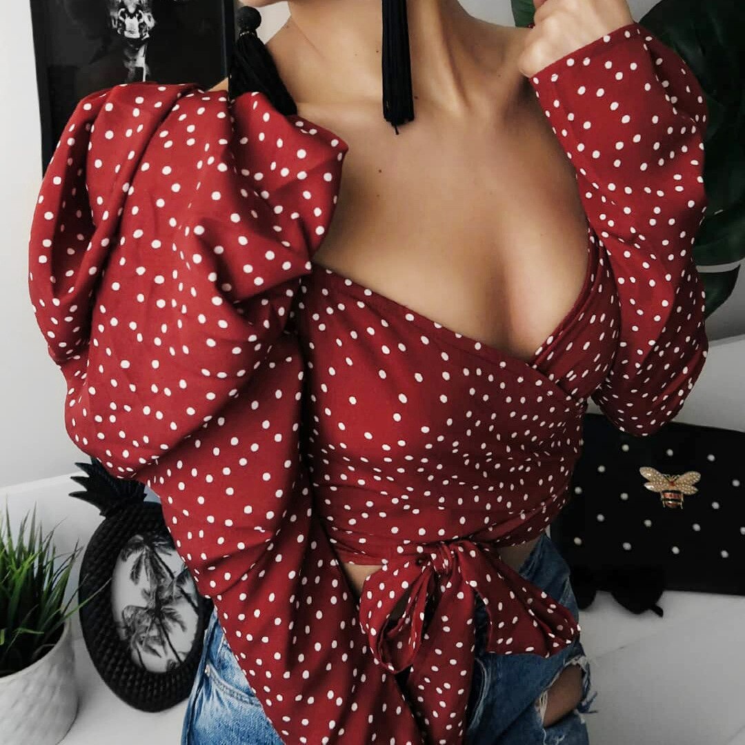 Y2K Polka Dot Crop Top Women Puff Sleeve V Neck Backless Print Cross Bandage T Shirt Autumn Sexy Vintage Lace Up Blouse 2023