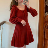 Billlnai 2023 Winter Knitted Dress Women Sweet Ruffles O-Neck Elegant Sweater Mini Dress Vintage Kawaii One-Piece Dress Korean  Autumn