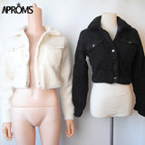 Aproms Fashion Black Pockets Buttons Jackets Women Long Sleeve Slim Crop Top Winter Coat Cool Girls Streetwear Short Jacket 2023