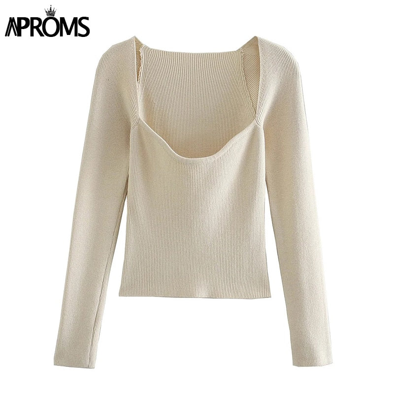 Aproms Vintage Square Neck Pullovers and Sweaters Women 2023 Autumn Winter Street Fashion Stretch Jumpers Long Sleeve Basic Tops