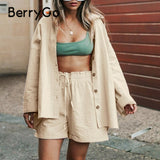 BerryGo Office lady solid short sets spring summer Two-piece long sleeve cotton suit set ladies Casual elastic waist women set
