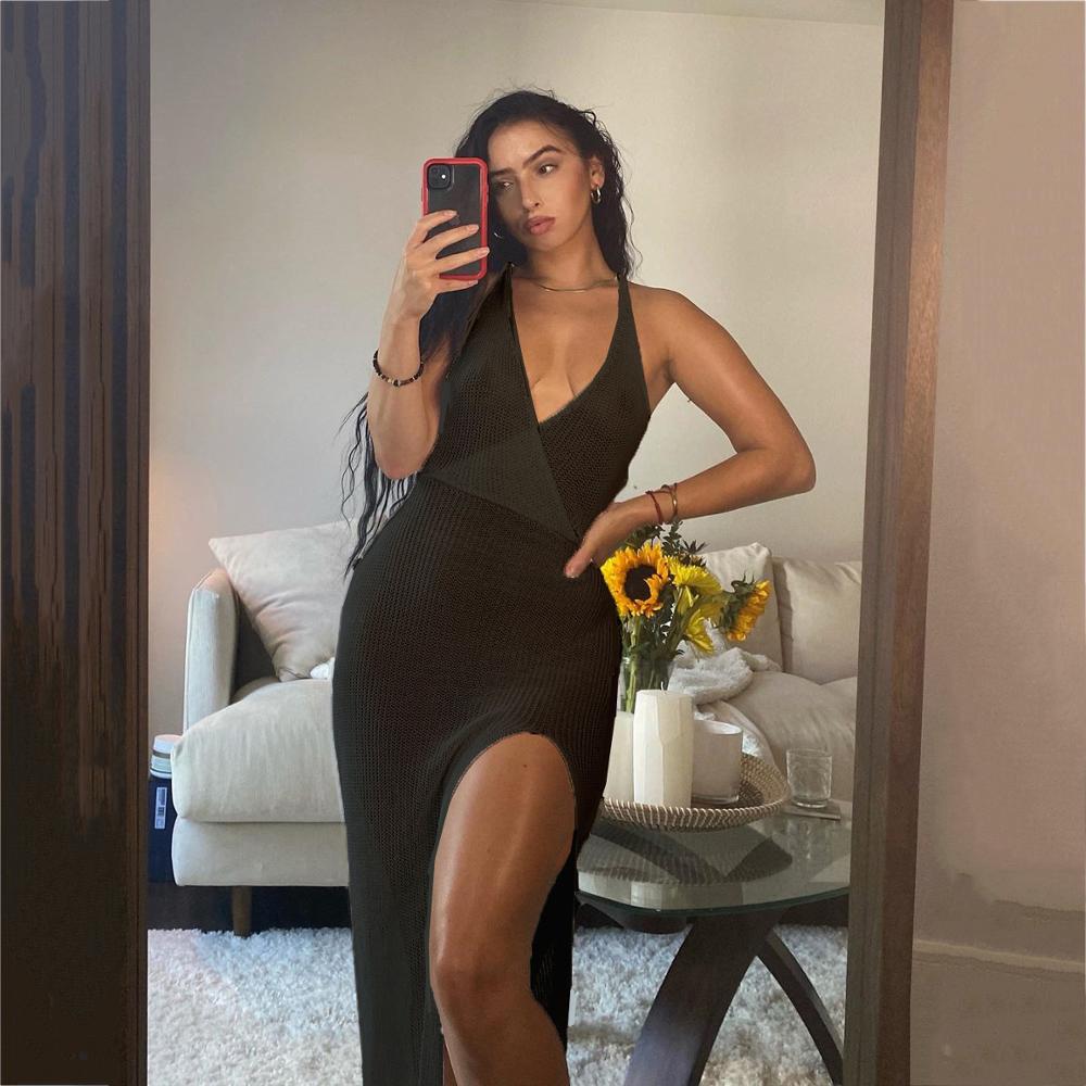 Cryptographic Crochet Beach Maxi Dress for Women See Through Sexy Plunge Backless Bandage Sleeveless Lacing Split Long Dresses