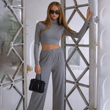 Casual Ribbed 2 Piece Set Women Matching Sets Turtleneck Long Sleeve Crop Top Wide Leg Pant Outfits Solid Fitness Suit