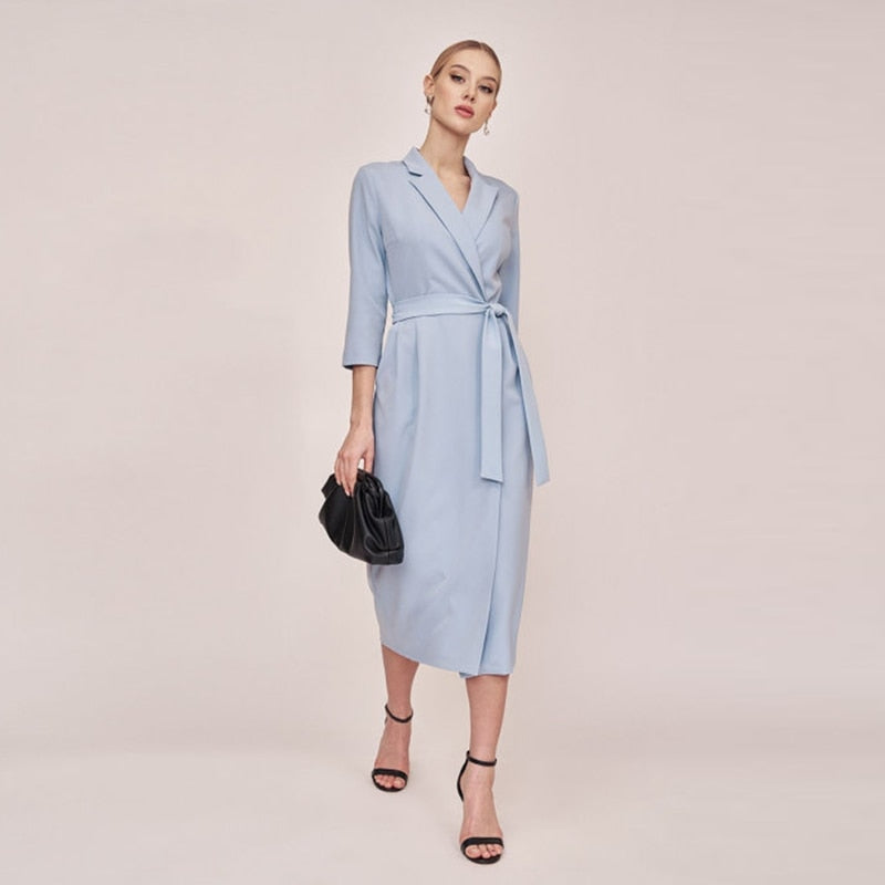 Churses Casual Suit Collar Belt Straight Dress Autumn Seven Sleeve Solid Color Home Wear Office Lady Dresses For Women 2023