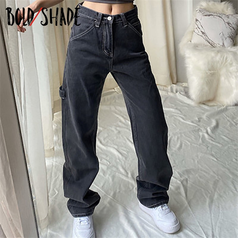 Bold Shade Streetwear Fashion Grunge Jeans High Waist Straight Boy Friend Pants Solid Teen Style Women Loose  Jeans Fall Winter