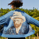Van Gogh Sunflower Vintage Sleeve Cardigan Knit Sweater 2023 Women Elegant Luxury Embroidery Knitwear Sweaters Streetwear Tops