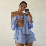 Cryptographic Fashion Casual Striped Blouse Shirts and Shorts Matching Set Loose Shirt Sleeve Top Outfits Summer 2023 Women Set