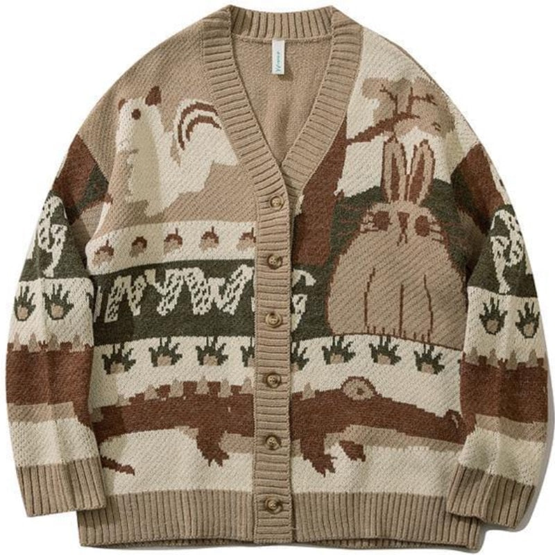 Vintage Cardigan Oversized Sweater New Japanese Harajuku Cartoon Knitted Sweater Pullover Hip Hop Streetwear Loose Knitwear Tops