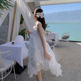 Billlnai  2023 Women Midi White Loose Slip Dress Sundress Summer  Runway Ruched Ruffle Korean Fairy Casual Beach Vacation Party Vestidos