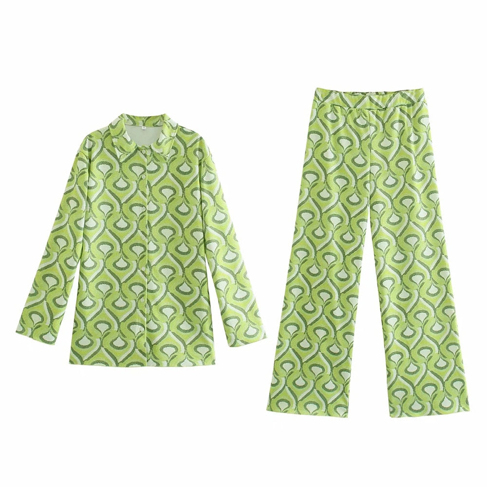 2023 New Summer Women Vintage Two-Piece Set Beach Style Print Loose Lapel Shirt Elastic High Waist Casual Pants Set