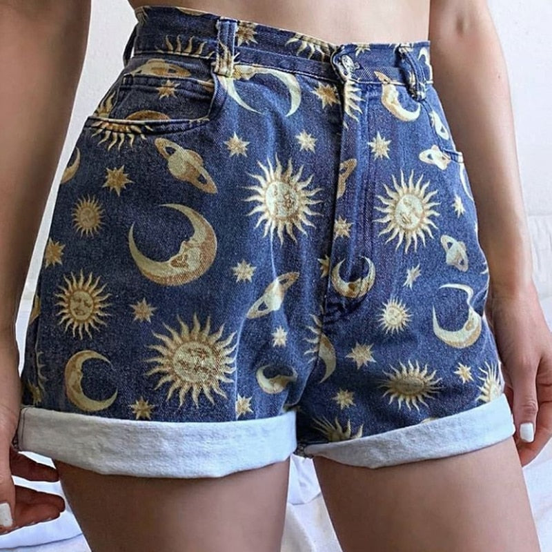 Women's denim Shorts Fit Planet Printed Pattern Shorts Women Short Pant School Loose Streewear Sun Star Ladies Short Jeans