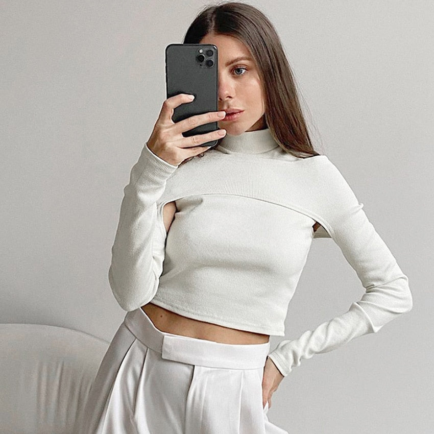 Knitting Hollow Out Sweater Women Long Sleeve Turtleneck Solid Office Lady Crop Top Sexy Slim Off Shoulder T Shirt 2023 New