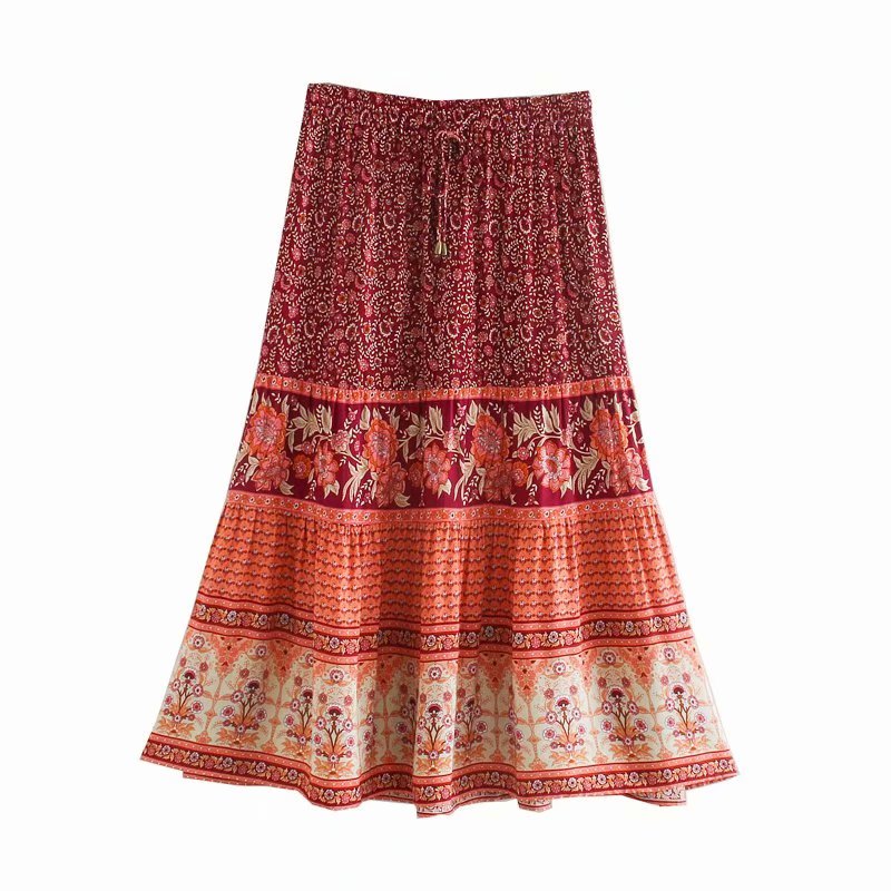 Jastie 2020 Summer Skirt Women Paisley Floral Print Skirts Casual Vintage A-Line Beach Skirt saia Jupe Femme faldas Midi Skirts