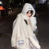 QWEEK Kawaii Bear Embroidery Zip Up Oversized Hoodies Women Soft Girl Japanese Harajuku Lambswool Sweatshirt Cute Clothes 2023