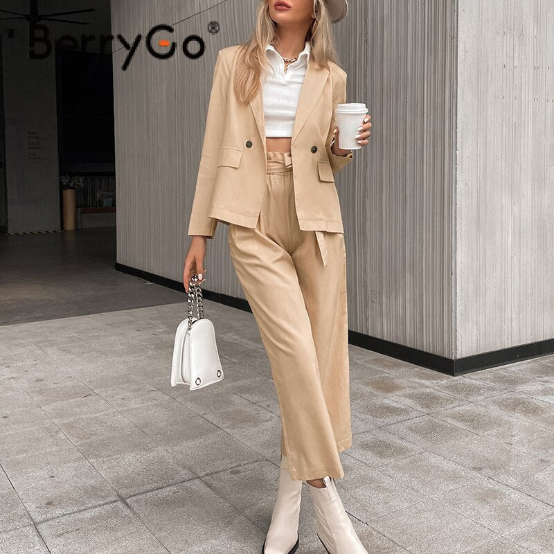 BerryGo Elegant office lady apricot long sleeves blazer suit Elastic waist lace up solid pant suit Female pocket blazer set 2023