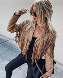 Billlnai Faux Suede Tassel Jacket Womens Vintage Lapel Long Sleeve Fringe Cropped Hippie Motor Biker Cardigan Outwears  2023 New