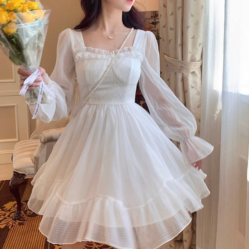 Billlnai  2023 French Sweet Fairy Lolita Dress Women Long Sleeve Lace Mini Dress Vintage Kawaii Clothes One Piece Dress Korean