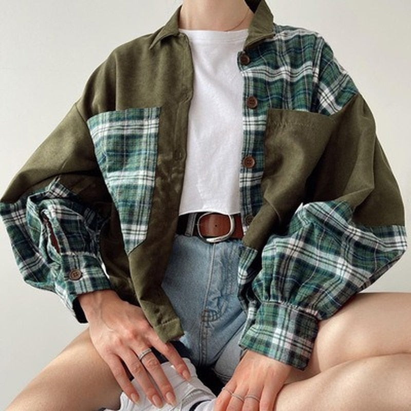Fairy Grunge Vintage Argyle Plaid Shirts Women Single Breasted E Girl Aesthetic Long Sleeve Autumn Tops And Blouses New