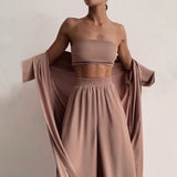 Women's Three Piece Suit Tube Tops Lantern Sleeve Cardigan Wide Leg Long Trousers Female Soft Casual 2023 Spring Summer Lady Set