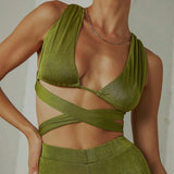 Billlnai  2023 Green Romper Sexy Bandage Backless Top and Pant Sets Sleeveless Solid Women's Sets Fashion Outfits Matching Set Flare Pants